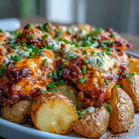Golden-brown Buffalo Ranch Chicken Potato Bake with melted cheddar cheese and fresh chives, served hot from the oven.