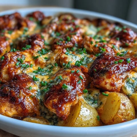Juicy chicken breasts nestled among tender roasted baby potatoes in a spicy buffalo ranch sauce.