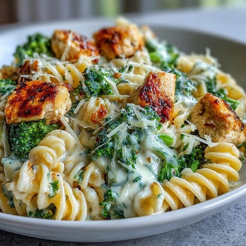 Creamy Garlic Parmesan Broccoli & Chicken Pasta served in a white bowl, garnished with fresh parsley.