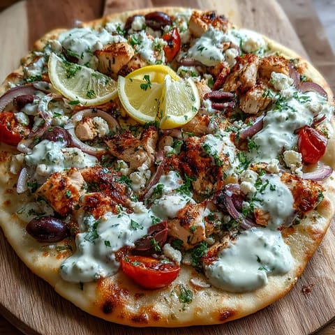 A close-up of Lemon Feta Chicken Naan Pizza featuring melty cheese, briny olives, and a cooling tzatziki drizzle.