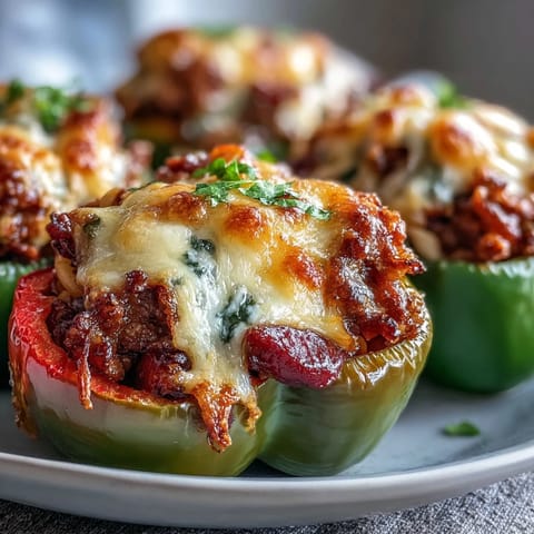 Golden, melted sharp cheddar tops a hearty scoop of Baked Chili Mac Stuffed Peppers, revealing savory beef, beans, and macaroni filling.