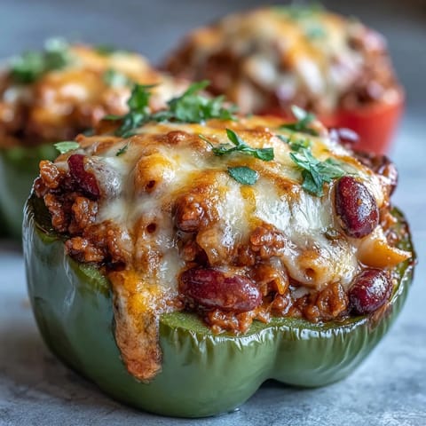 Bright orange bell pepper cups filled with cheesy, bubbling Baked Chili Mac Stuffed Peppers, garnished with fresh parsley on a rustic plate.