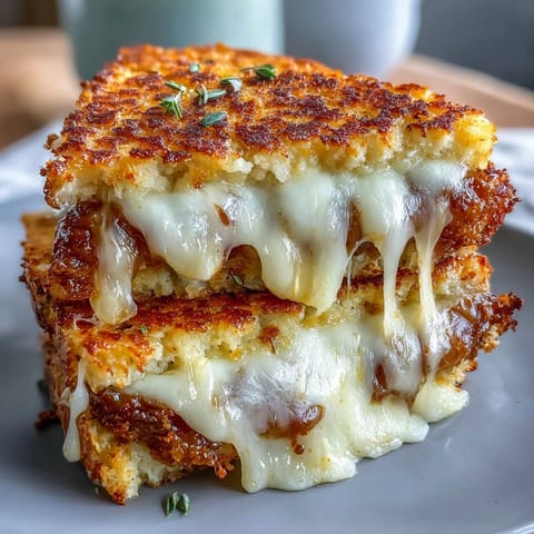 Keto cheesy cauliflower bread grilled cheese with golden crust and gooey melted cheese inside.