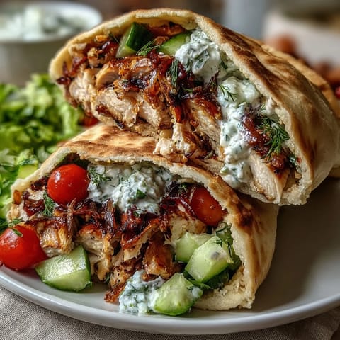 Light Greek chicken pita pockets filled with grilled chicken, cucumber tomato salad, and creamy yogurt sauce in warm pita bread.  