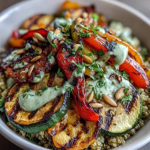 Grilled veggie and quinoa power bowls with tahini drizzle, packed with colorful vegetables and fluffy quinoa, topped with creamy sauce.  