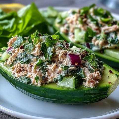 Crisp cucumber boats filled with zesty tuna and avocado salad for a fresh, low-carb lunch.