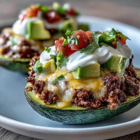Keto Taco Stuffed Avocados with Sour Cream and Salsa - creamy avocado halves filled with spiced ground beef, topped with zesty salsa and a dollop of sour cream for a low-carb meal.
