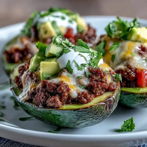 Colorful Keto Taco Stuffed Avocados with Sour Cream and Salsa - vibrant avocados stuffed with savory taco meat, melted cheese, fresh salsa, and tangy sour cream for a satisfying keto dinner.