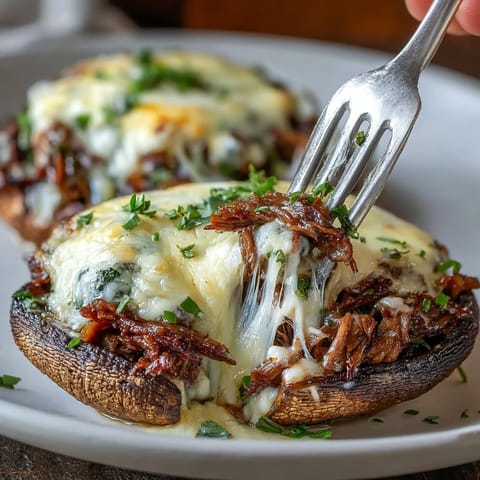Keto Philly Cheesesteak Stuffed Portobello Mushrooms with juicy steak and melted cheese in savory mushroom caps.  