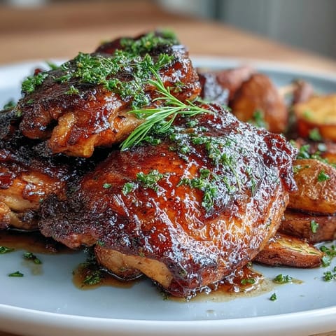 Juicy bone-in chicken thighs coated in a tangy honey mustard glaze, paired with sweet carrots and roasted potatoes on a single sheet pan.  