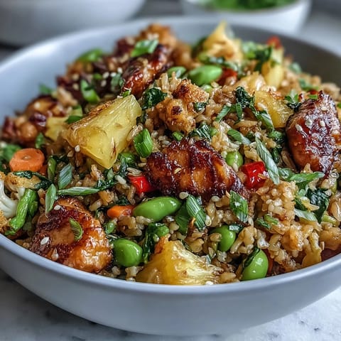 Vibrant vegan pineapple fried rice with cauliflower and edamame, bursting with sweet pineapple, tender edamame, and colorful veggies.  