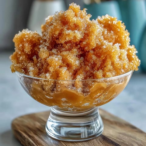 Vibrant mango sorbet granita with delicate ice crystals, a refreshing vegan dessert perfect for summer.  