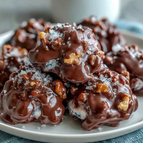 Wholesome blueberry yogurt clusters studded with walnuts, dipped in rich dark chocolate for a healthy treat.  