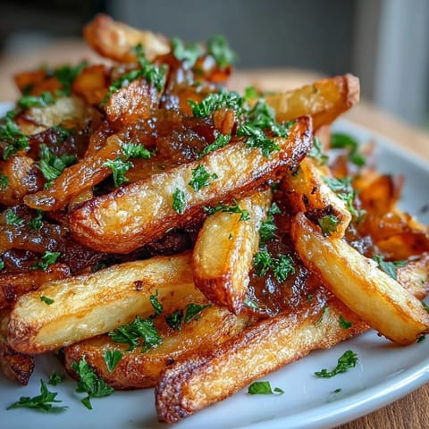 Crispy golden steak fries tossed in rich caramelized onion and garlic butter, perfect as a savory side dish.