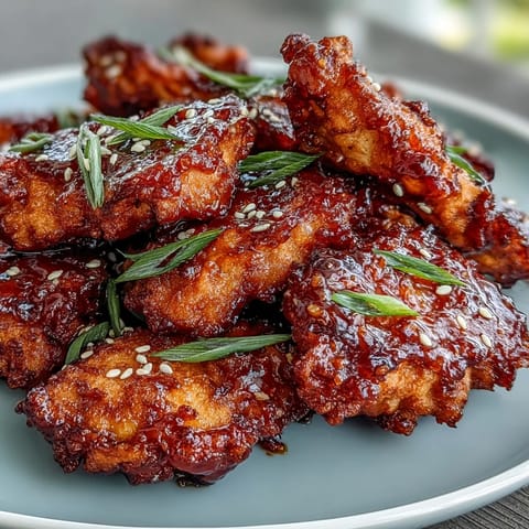 Golden-brown chicken bites coated in sticky gochujang glaze, served with toasted sesame and fresh scallion topping.  