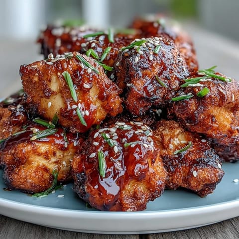 Crispy air-fried Korean chicken glazed with sweet-spicy gochujang sauce, garnished with sesame seeds and green onions.  