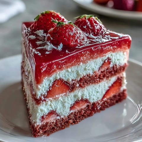 Layered Valentines Day dessert with tender sponge cake, creamy strawberry mousse, and vibrant red glaze, ideal for romantic dinners.  