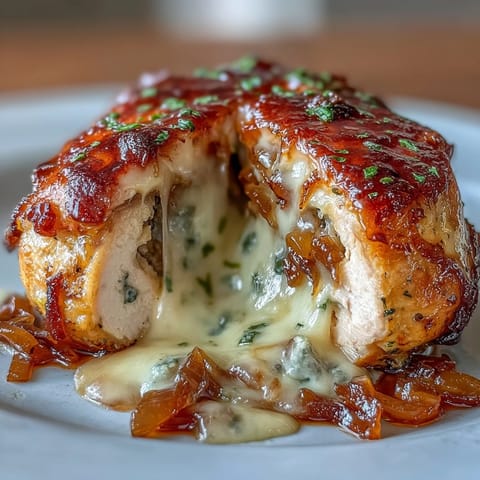 Juicy chicken breasts stuffed with caramelized onions and melted Gruyère cheese, inspired by classic French onion soup.