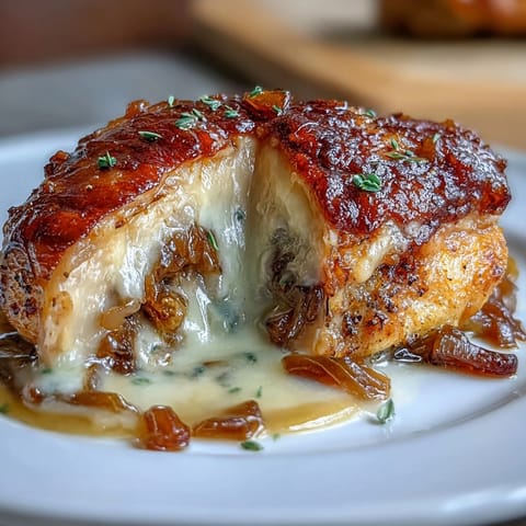 Golden-brown chicken breasts filled with sweet caramelized onions and gooey melted cheese, perfect for a comforting dinner.