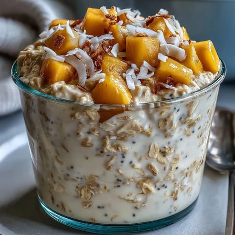 Creamy overnight oats layered with juicy mango chunks and toasted coconut, garnished with crunchy nuts.  