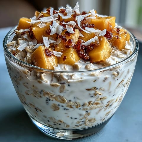 Tropical breakfast jar filled with mango, coconut, and chia overnight oats, ready to grab and go.  