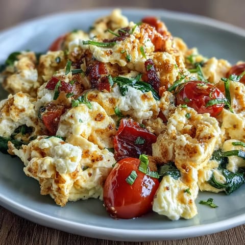 High-protein cottage cheese egg scramble loaded with vibrant veggies, served hot from the skillet for a satisfying morning meal.  