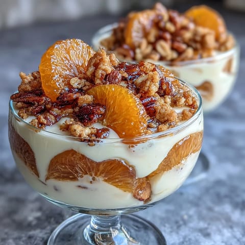 Vibrant candied orange yogurt parfait layered with crunchy granola and fresh mint for a refreshing breakfast or dessert.  