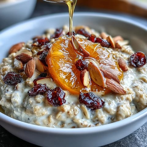 Creamy oatmeal topped with candied orange slices, tart cranberries, and crunchy toasted almonds for a nourishing breakfast.