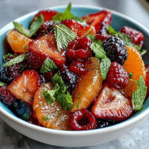 A vibrant bowl of citrus and berry fruit salad with fresh mint leaves and a drizzle of honey.