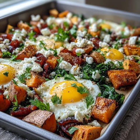 Vibrant sheet pan breakfast hash with roasted sweet potatoes, juicy orange segments, and tender spinach, baked to perfection for a colorful morning meal.  
