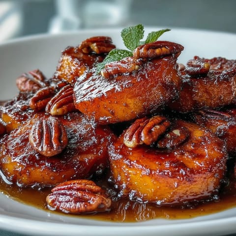 Warm candied yams in buttery brown sugar glaze, topped with golden toasted pecans for a comforting holiday side dish.  