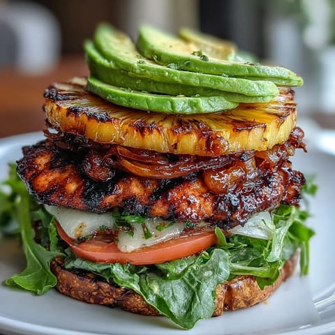 Juicy grilled chicken breast layered with caramelized pineapple rings and crisp lettuce, topped with fresh avocado and vibrant vegetables.  