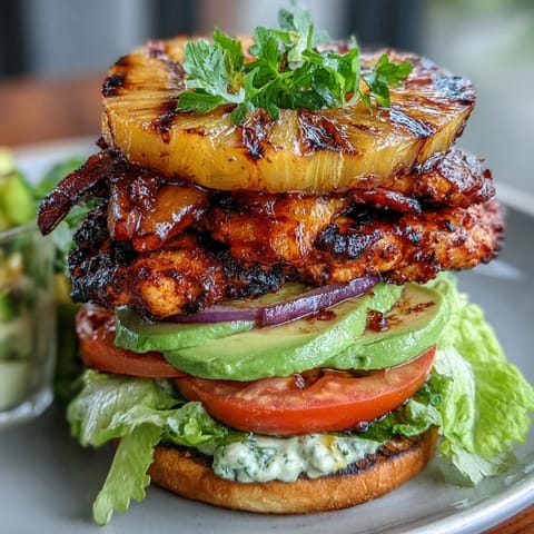 Hearty grilled chicken pineapple stacks with melted cheese, smoky grilled onions, and creamy aioli—perfect for a low-carb, gluten-free burger twist.  