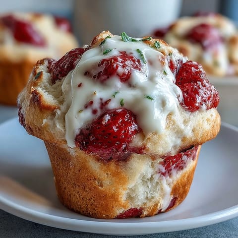 Fresh strawberry Greek yogurt muffins with juicy berry pockets, golden tops, and a tender crumb—ideal for breakfast or brunch.