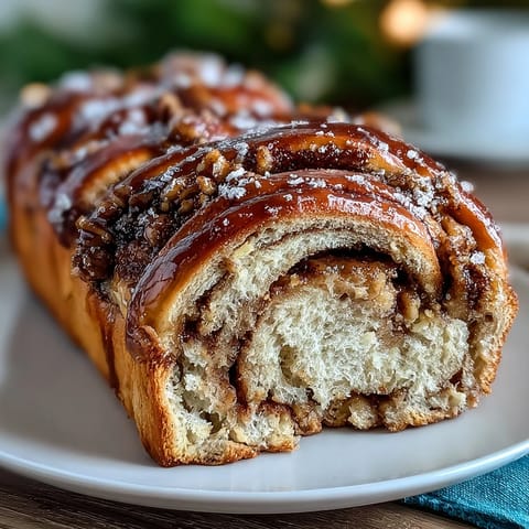 King Cake Cinnamon Babka Loaf with cream cheese filling, twisted and baked golden, drizzled with glaze and colorful sanding sugars.  