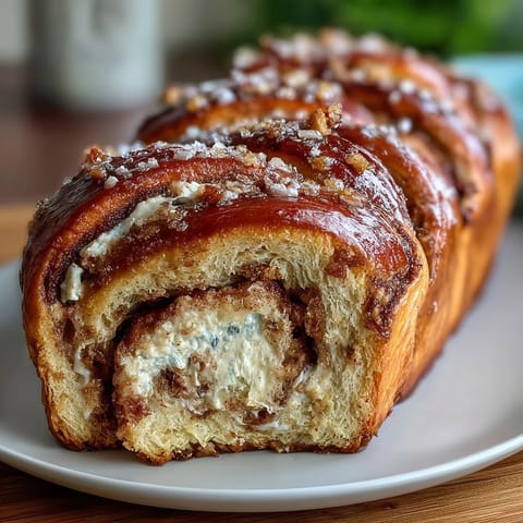 Festive King Cake Cinnamon Babka Loaf with rich cinnamon swirl, creamy cheese layer, and vibrant purple, green, and gold decorations.  