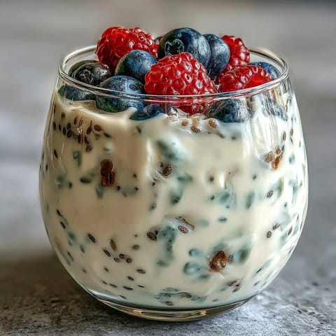 Fluffy yogurt chia pudding with vanilla bean, creamy and studded with black vanilla seeds, topped with fresh berries and toasted coconut.  