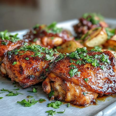 Juicy bone-in chicken and colorful roasted vegetables on a single pan, seasoned with smoked paprika and fresh herbs for a hearty dinner.  