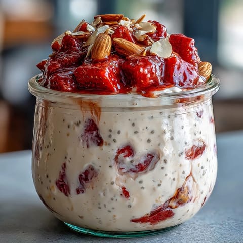 Creamy overnight oats with fresh strawberries and vanilla protein, perfect for a healthy breakfast.