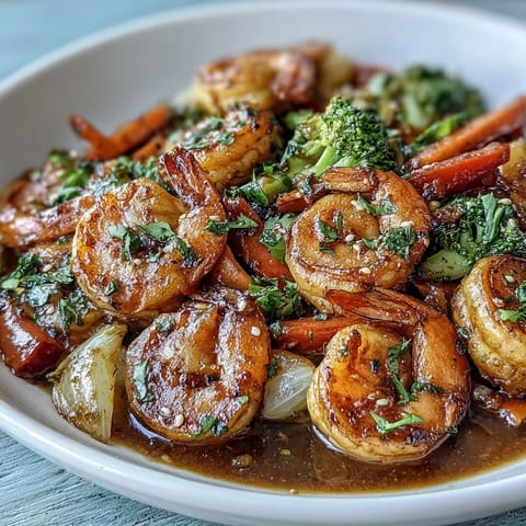 A vibrant shrimp stir-fry with crisp bell peppers, broccoli, and carrots in a savory garlic-ginger sauce.