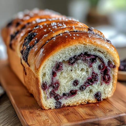 Vibrant lemon blueberry sourdough swirl bread loaf with golden crust and purple-blueberry swirls throughout the tender crumb.