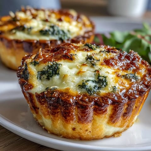 Elegant mini quiches baked in flaky pastry, topped with spinach and Parmesan, served warm for a sophisticated appetizer.  