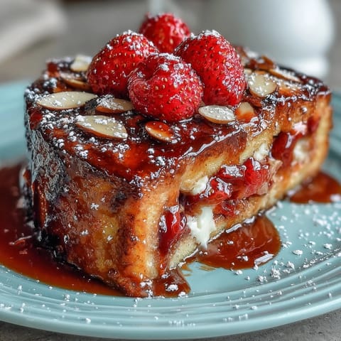 Golden-baked strawberry French toast casserole with brioche, juicy berries, and a cinnamon custard, topped with almonds and sugar.