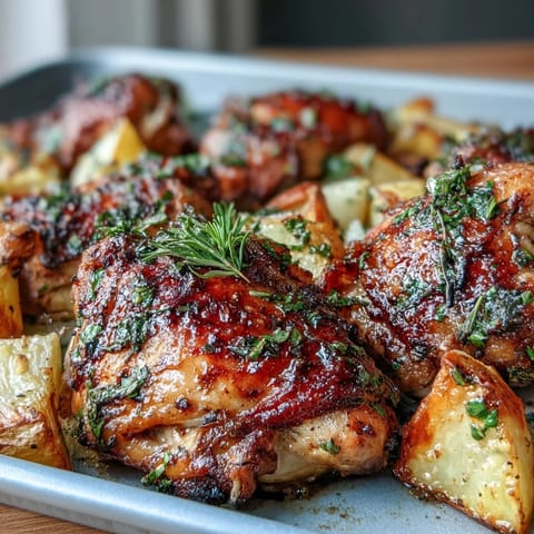 Easy Sheet Pan Chicken & Veggie Dinner with golden roasted potatoes and carrots, served with juicy, herb-seasoned chicken thighs.