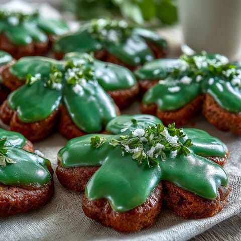 Shamrock-shaped sugar cookies decorated with vibrant green royal icing, perfect for St. Patrick's Day celebrations.