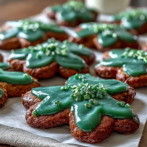 Festive green royal icing shamrock cookies with smooth, glossy finish, ideal for holiday parties and gift-giving.