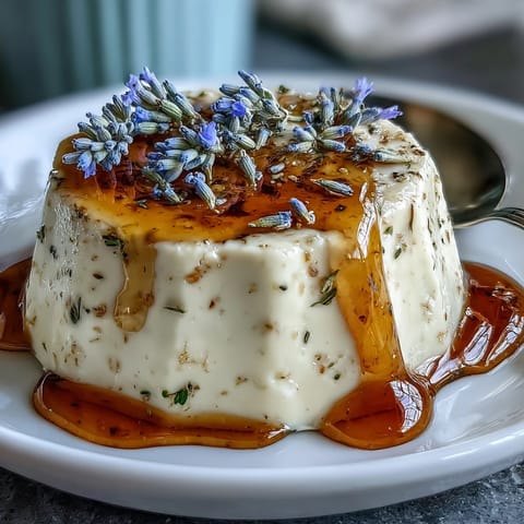 Silky honey lavender panna cotta with delicate floral notes and a golden honey drizzle.  