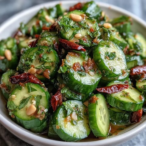 Crispy smashed cucumbers tossed in tangy garlic chili oil for a refreshing, spicy salad.