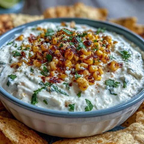 Creamy Elote Dip with charred corn and cotija cheese, served with crispy tortilla chips for a tangy Mexican appetizer.