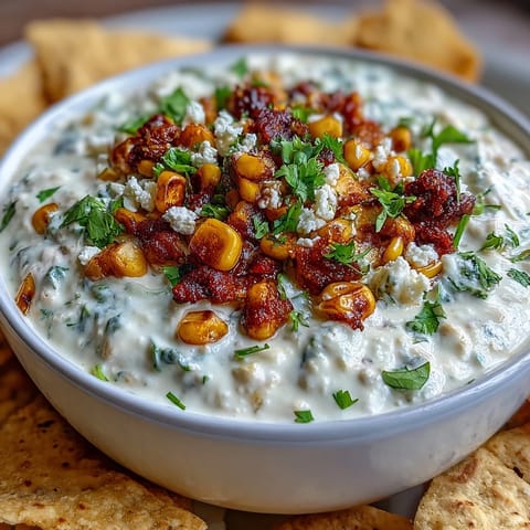 Elote Dip with Tortilla Chips